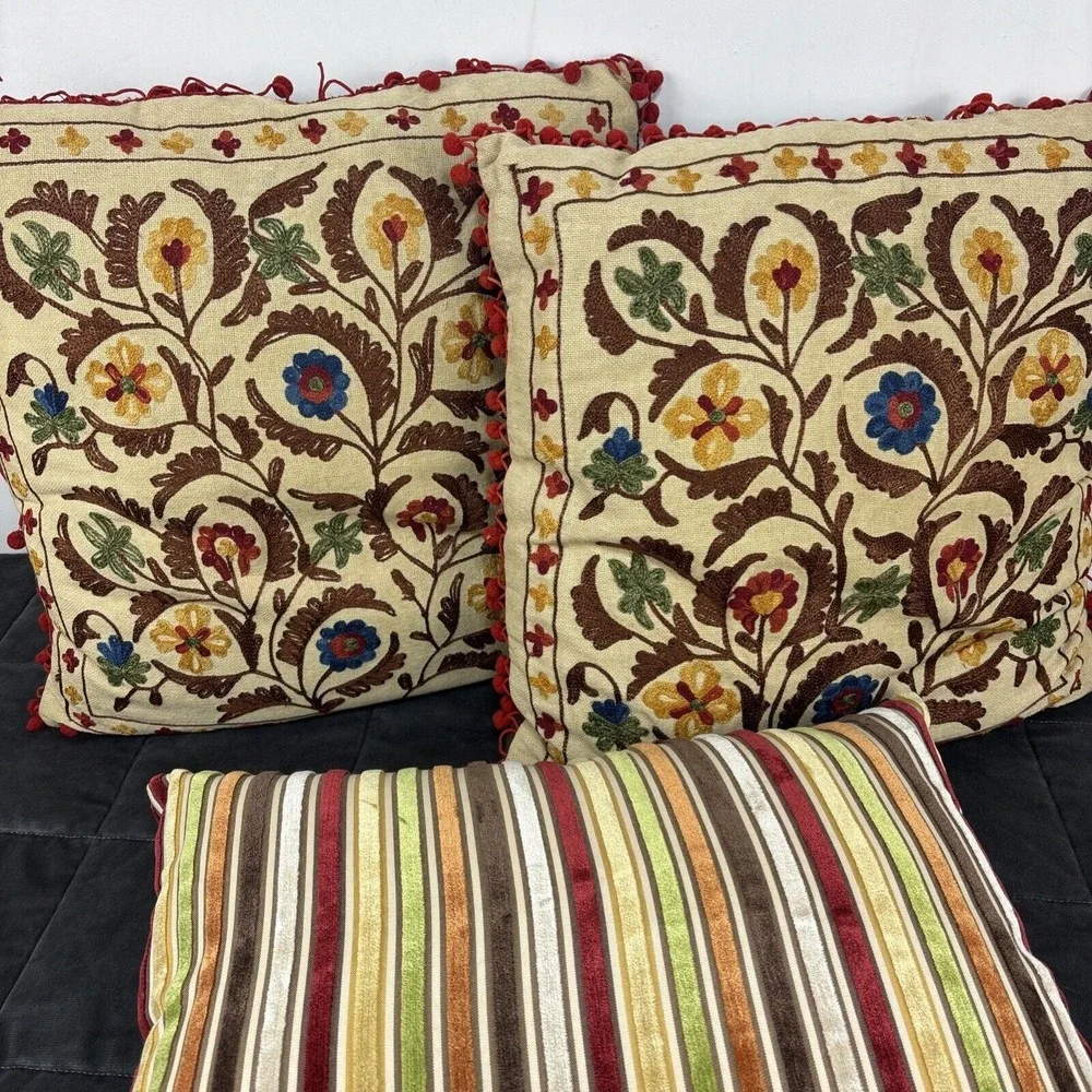 Pier 1 Embroidered Boho Pillows 2 Throw & 1 Lumbar Floral Stripe Earthy Neutrals